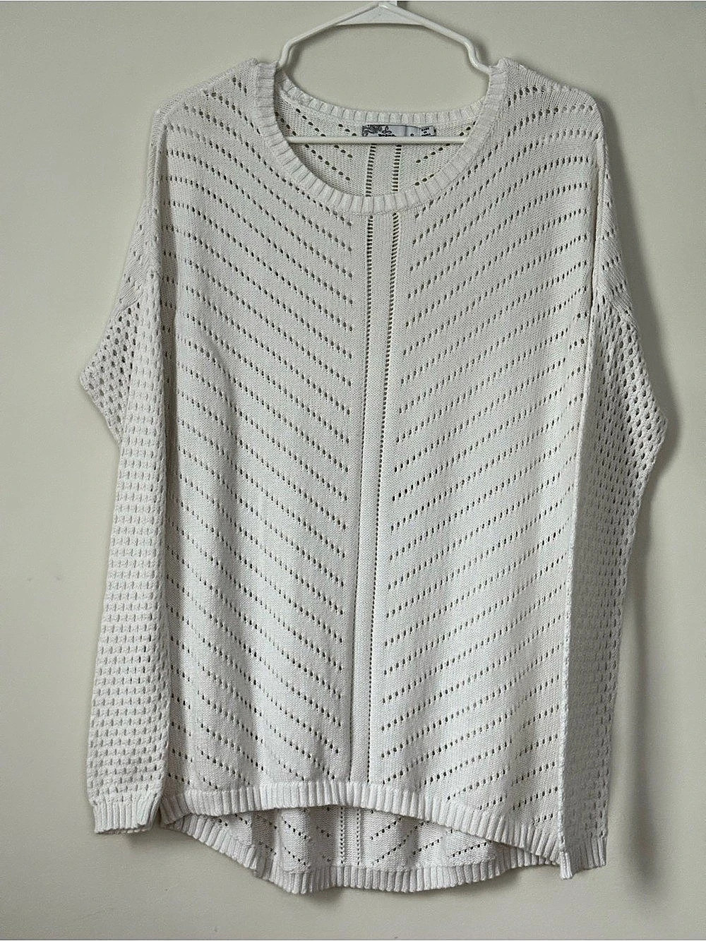 prAna White Open Knit Pointelle Sweater S Boho Coastal Organic Cotton Dolman